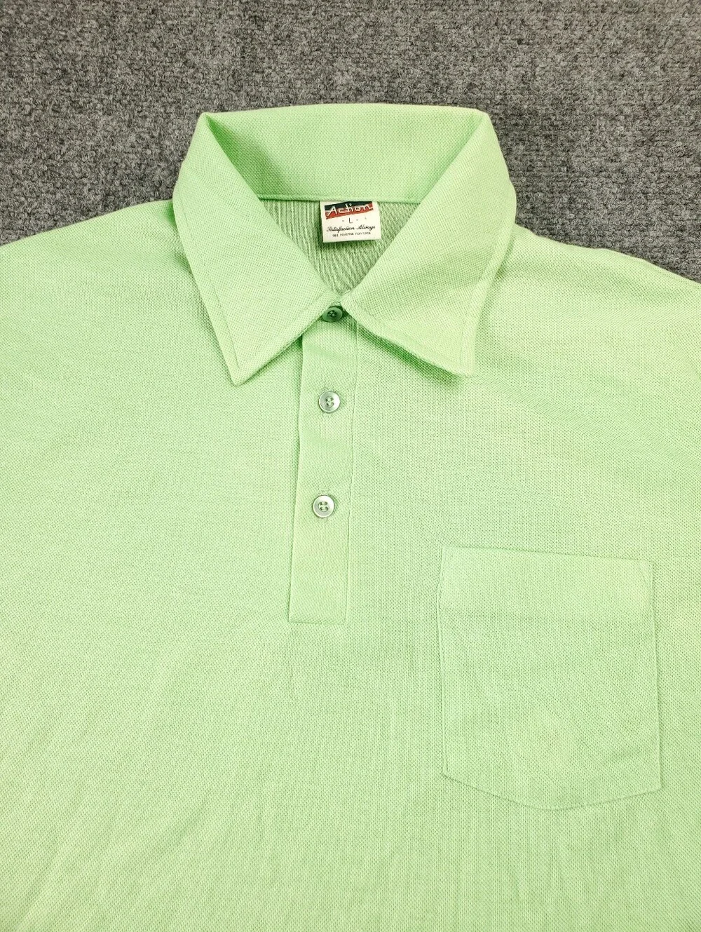 Vintage Action Polo Shirt Large Mint Lime Green 80s Pocket Pique Knit Retro